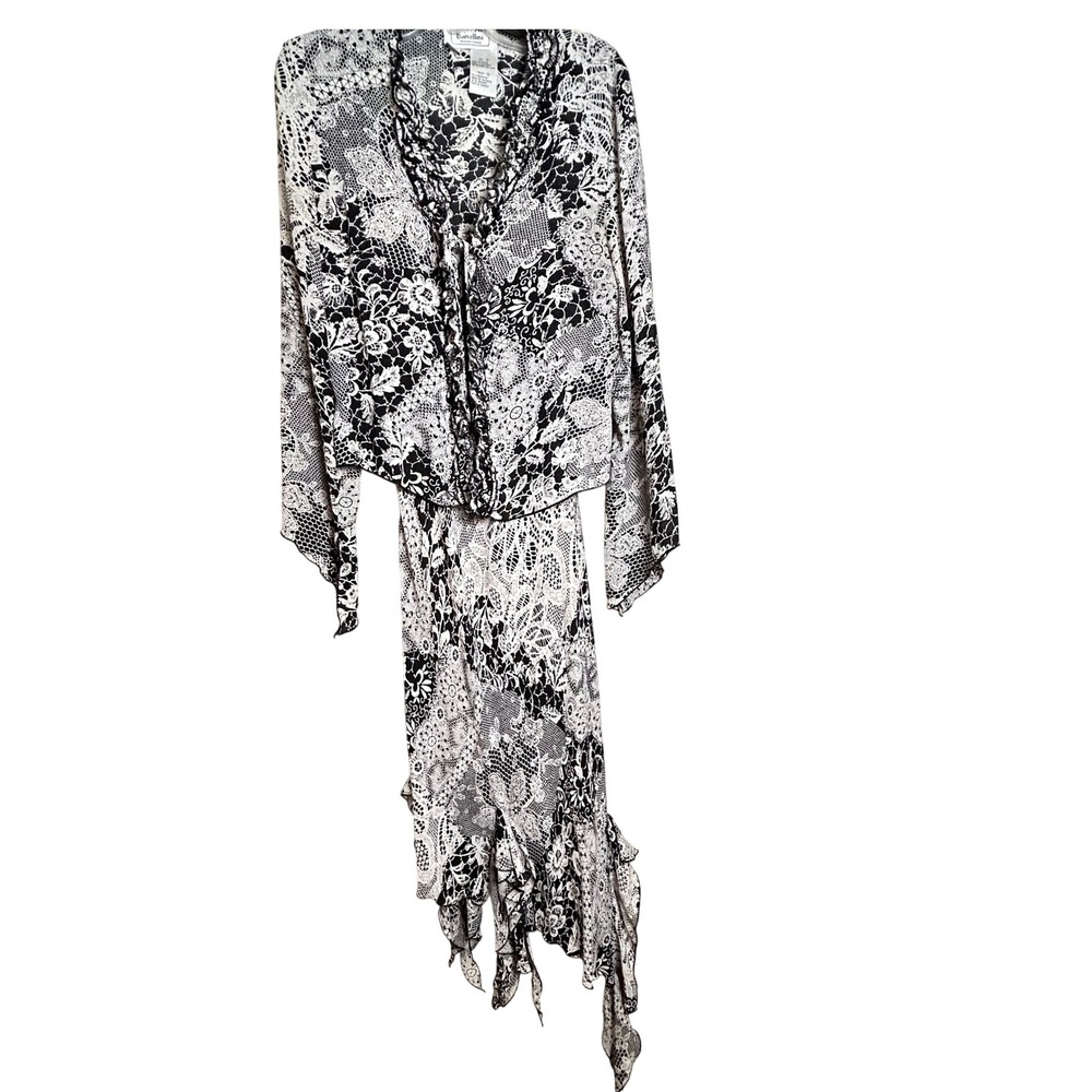 Borcellini 2 Piece Set Dress Cardigan Black White Lace Print Ruffle Size 12